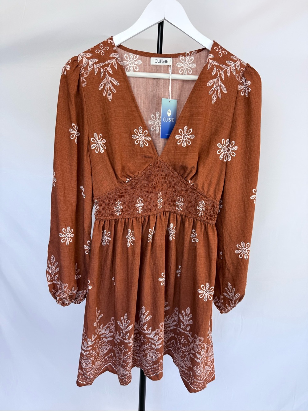 CUPSHE Rust Embroidered V‑Neck Smocked Mini Dress